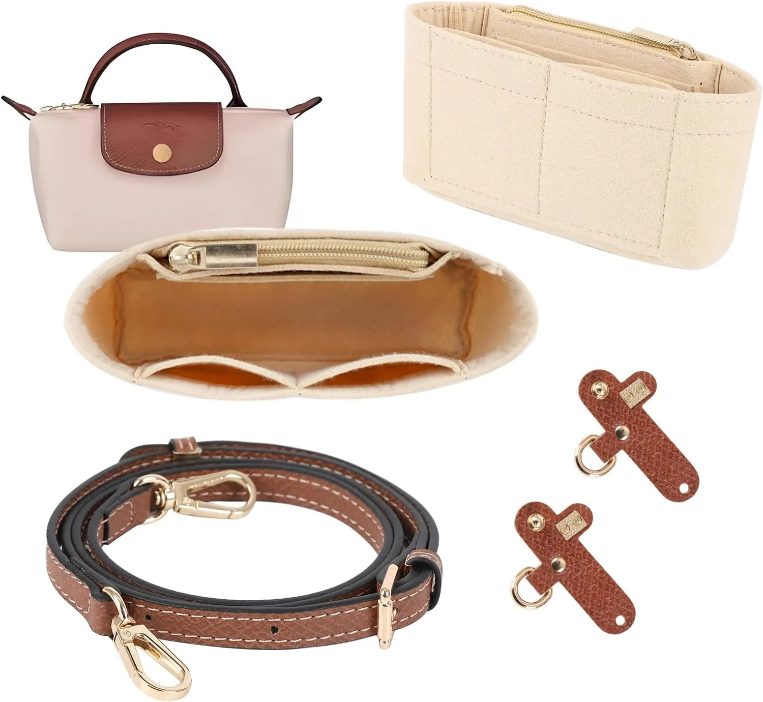 Strap and Purse Organizer Insert for Longchamp Mini Bag, Folding Tote Bag organizer insert, Punch-Free Adjustable Buckle Strap Design, Multi-Pocket Felt Handbag Organizer