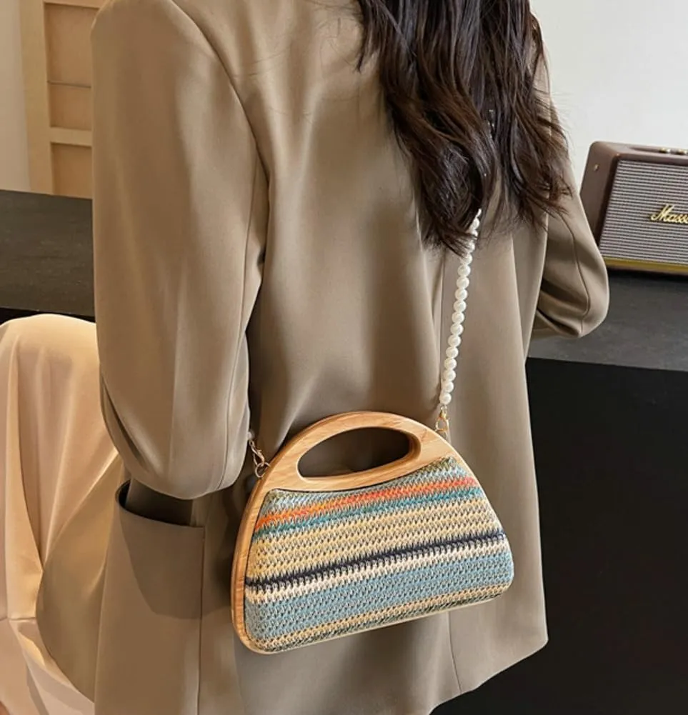 Straw Clutch Bag Beach Bags For Women Rattan Purses Handbags Evening Bag Summer Straw Crossbody Bag Purse Wooden Top-Handle
