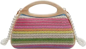 Straw Clutch Bag Beach Bags For Women Rattan Purses Handbags Evening Bag Summer Straw Crossbody Bag Purse Wooden Top-Handle