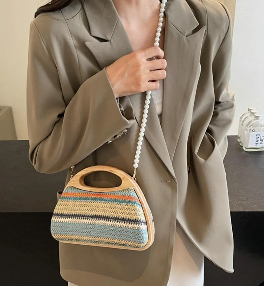 Straw Clutch Bag Beach Bags For Women Rattan Purses Handbags Evening Bag Summer Straw Crossbody Bag Purse Wooden Top-Handle
