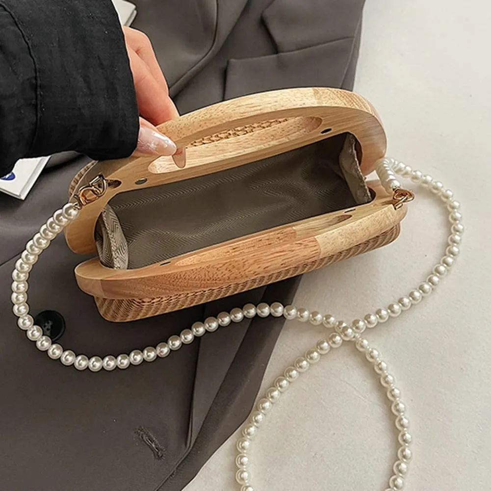 Straw Clutch Bag Beach Bags For Women Rattan Purses Handbags Evening Bag Summer Straw Crossbody Bag Purse Wooden Top-Handle