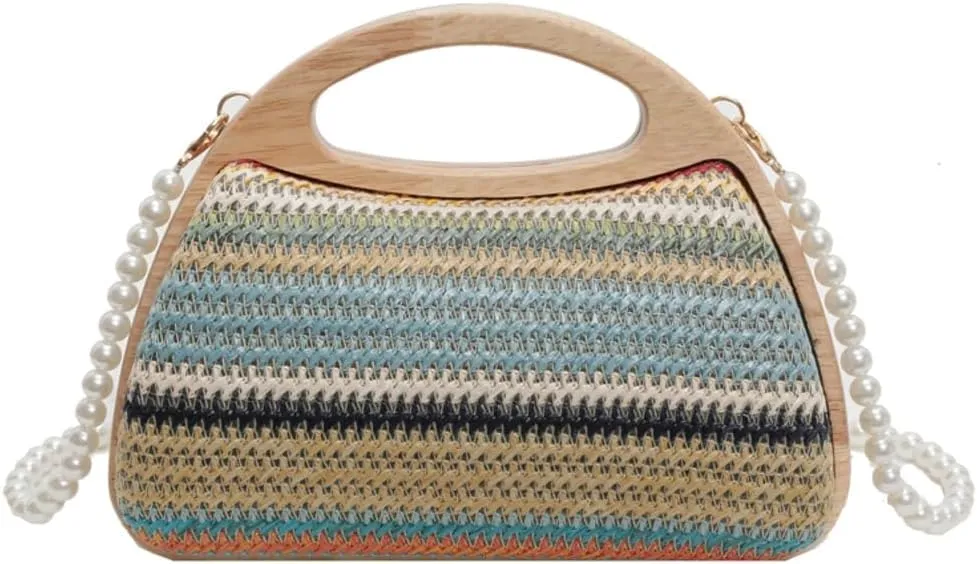 Straw Clutch Bag Beach Bags For Women Rattan Purses Handbags Evening Bag Summer Straw Crossbody Bag Purse Wooden Top-Handle