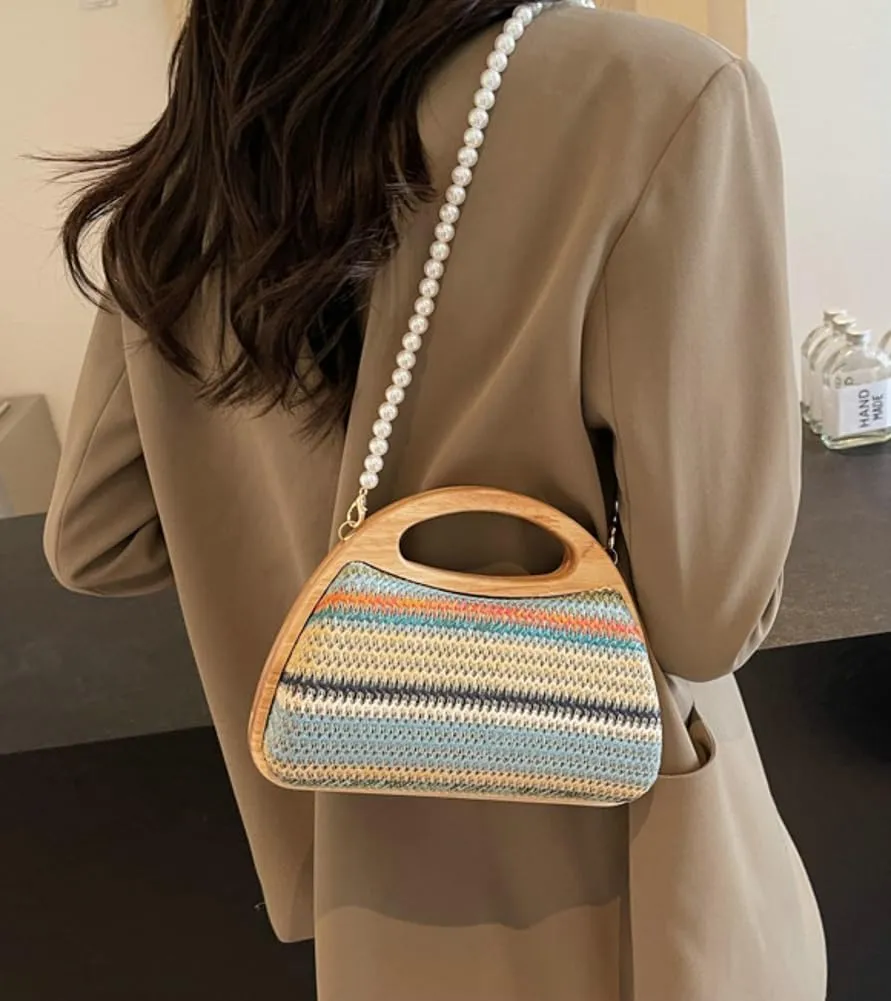 Straw Clutch Bag Beach Bags For Women Rattan Purses Handbags Evening Bag Summer Straw Crossbody Bag Purse Wooden Top-Handle