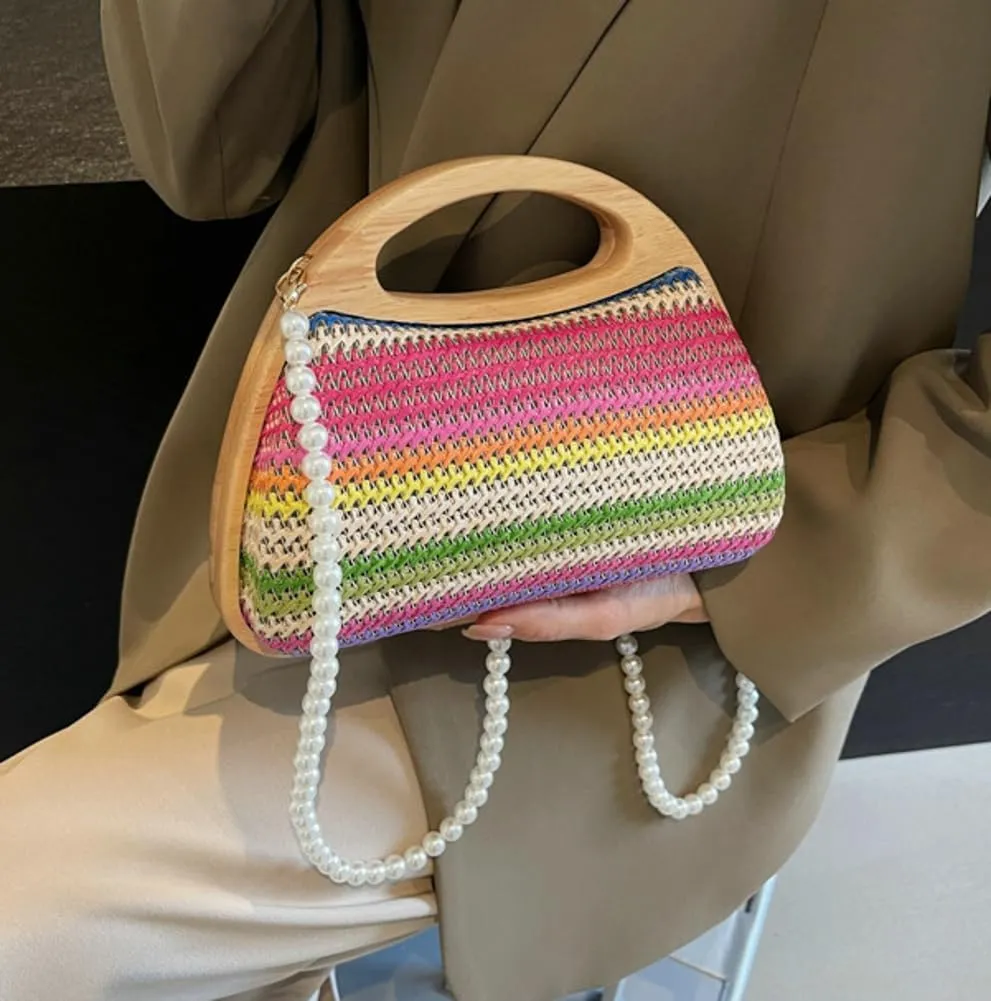 Straw Clutch Bag Beach Bags For Women Rattan Purses Handbags Evening Bag Summer Straw Crossbody Bag Purse Wooden Top-Handle