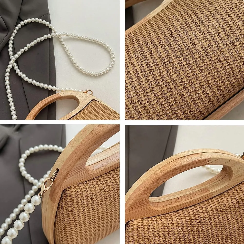 Straw Clutch Bag Beach Bags For Women Rattan Purses Handbags Evening Bag Summer Straw Crossbody Bag Purse Wooden Top-Handle
