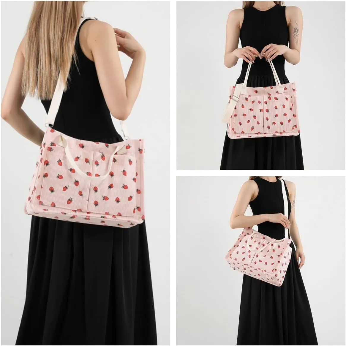 Strawberry Tote Bag for Women with Pockets Corduroy Crossbody Shoulder Handbags Purse for Work