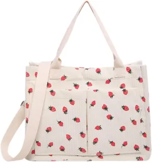 Strawberry Tote Bag for Women with Pockets Corduroy Crossbody Shoulder Handbags Purse for Work