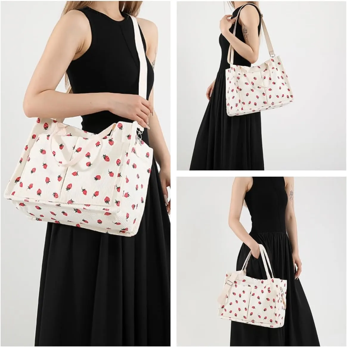 Strawberry Tote Bag for Women with Pockets Corduroy Crossbody Shoulder Handbags Purse for Work