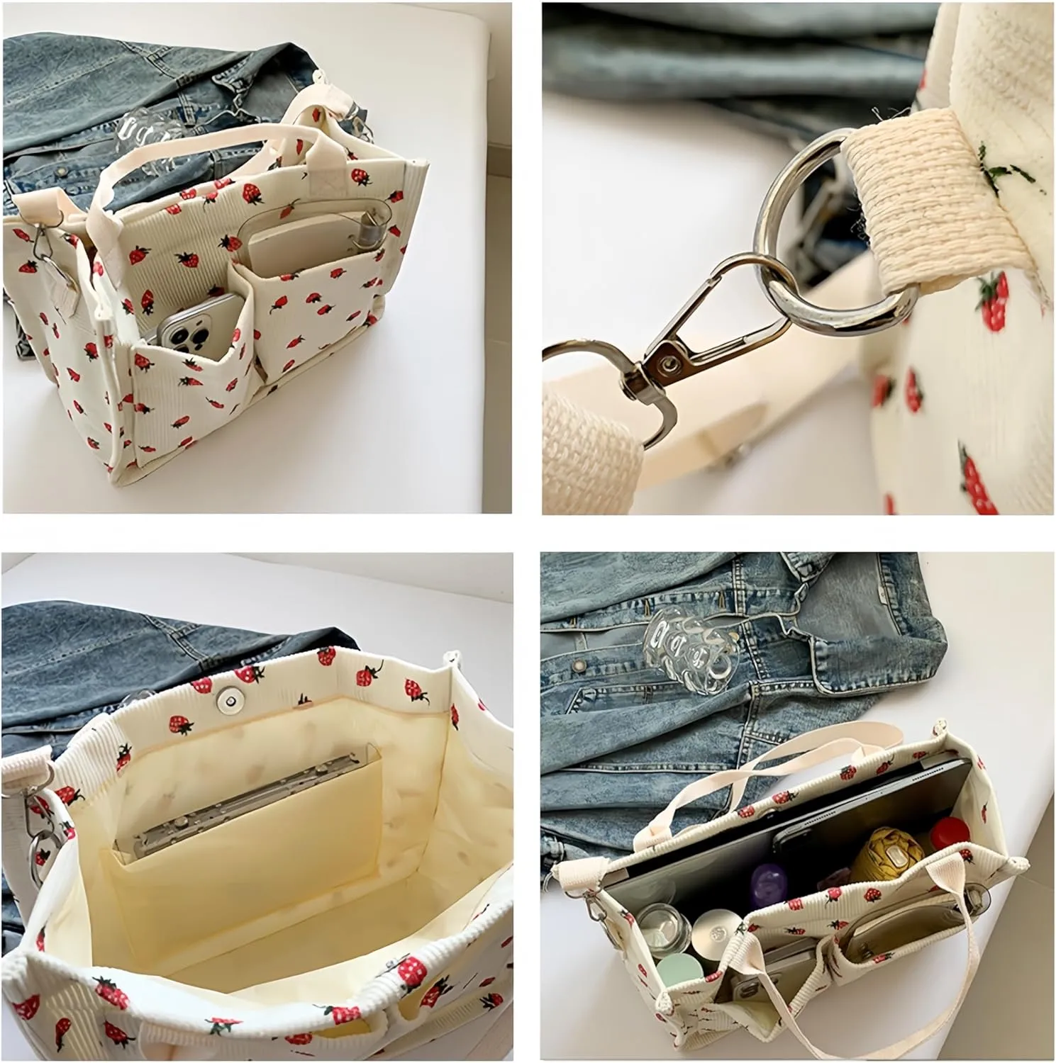 Strawberry Tote Bag for Women with Pockets Corduroy Crossbody Shoulder Handbags Purse for Work