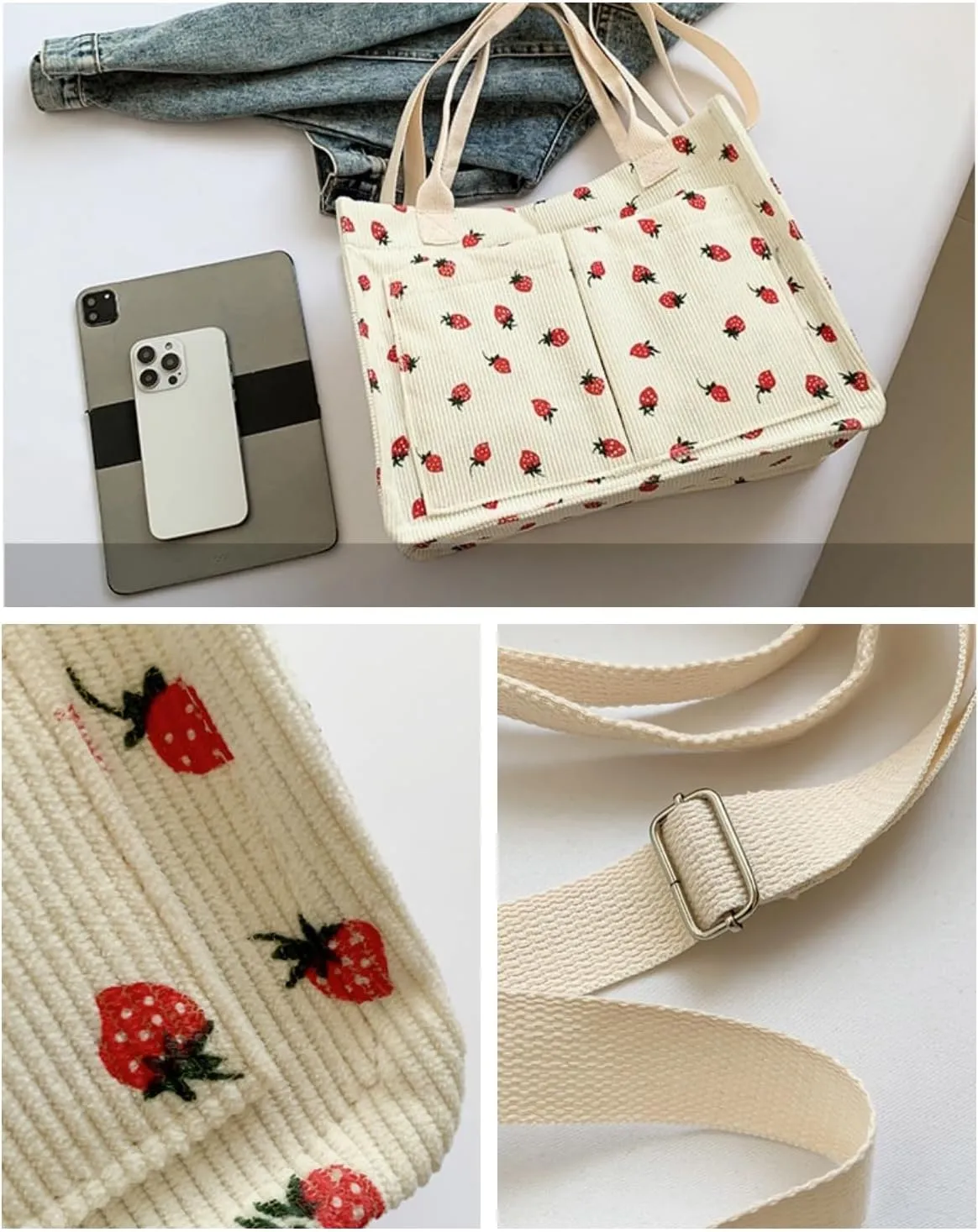 Strawberry Tote Bag for Women with Pockets Corduroy Crossbody Shoulder Handbags Purse for Work
