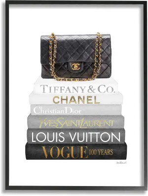 Stupell Industries Black Glam Purse Chic Modern Bookstack, Designed by Amanda Greenwood Framed Wall Art, 24 x 30