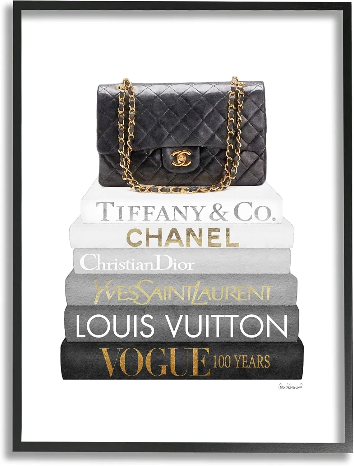 Stupell Industries Black Glam Purse Chic Modern Bookstack, Designed by Amanda Greenwood Framed Wall Art, 24 x 30