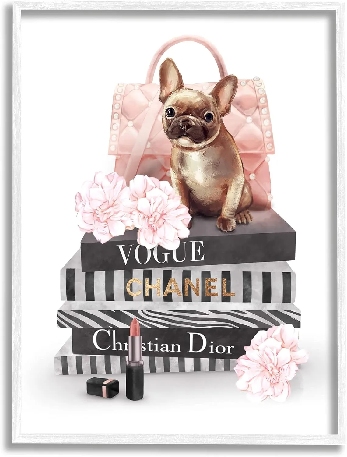 Stupell Industries Glam Bookstack Quilted Pink Purse French Bulldog, Designed by Ziwei Li White Framed Wall Art, 11 x 14, Multi-Color