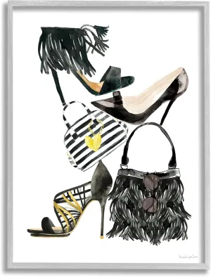 Stupell Industries Glam Fashion Accessory Stack Fringe Shoes and Purse, Designed by Mercedes Lopez Charro Gray Framed Wall Art, 16 x 20, Black