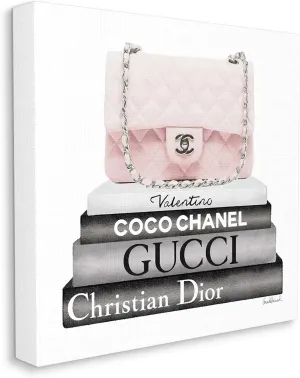Stupell Industries Pink Quilted Purse on Modern Chic Bookstack, Designed by Amanda Greenwood Canvas Wall Art, 24 x 24, Black