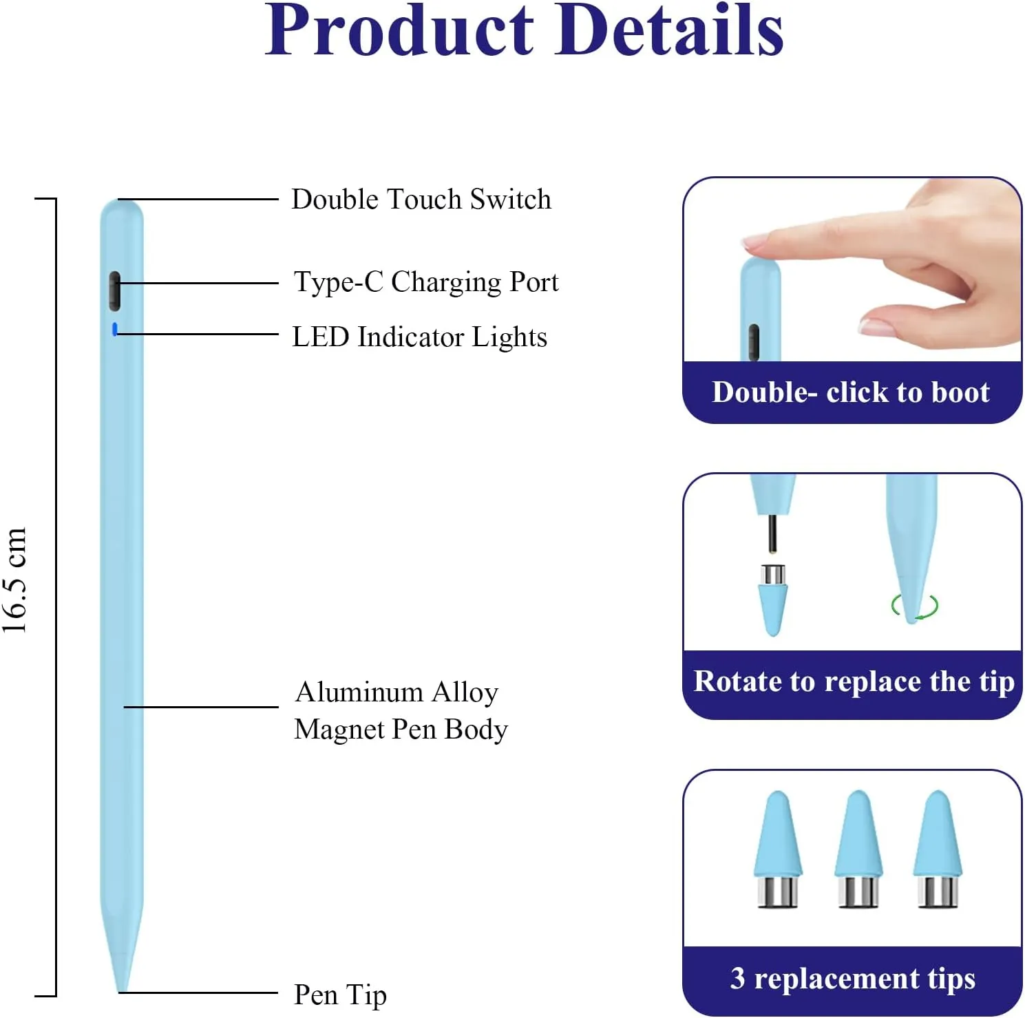 Stylus Pen for Android, Magnetic Phone Pencil, CMARS Fine Point Digital Pens for Touch Screens, Tablet Pen Compatible with iPhone/Samsung/Xiaomi/Huawei/Vivo and Other Android Phone and Tablet - Blue