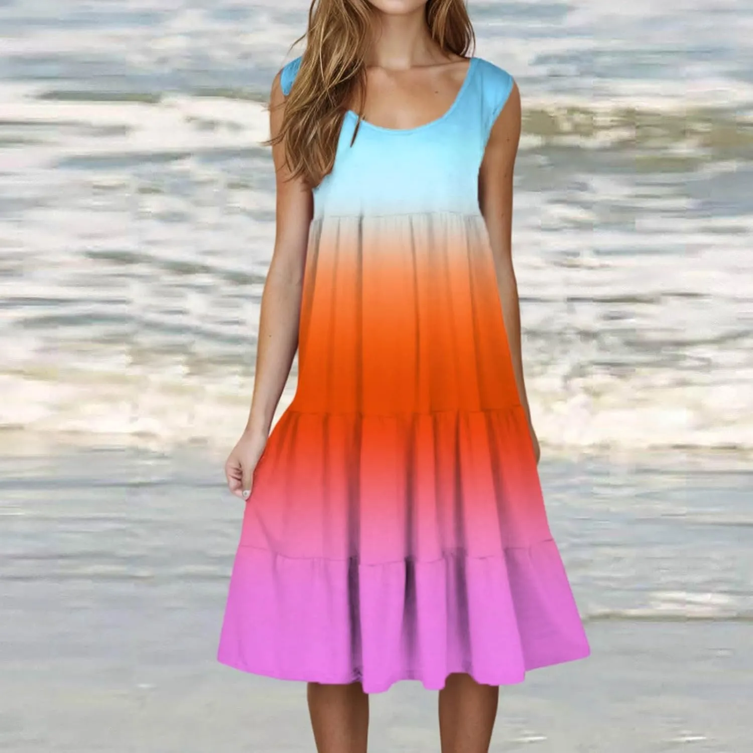 Summer Fashion Dress for Women Comfy Gradient Color Elegant Skirts Pleated Sleeveless Round Neck Dresses Daily