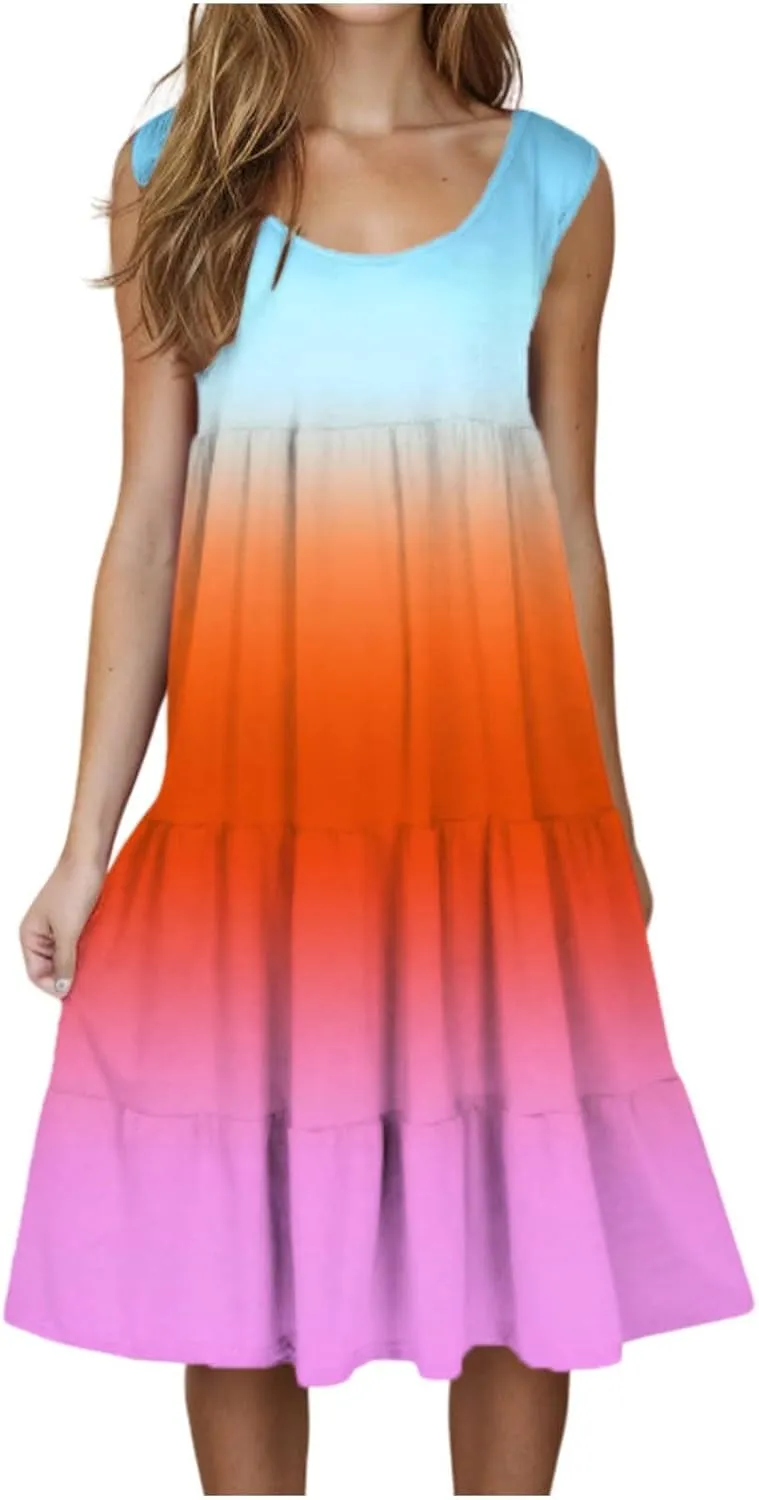 Summer Fashion Dress for Women Comfy Gradient Color Elegant Skirts Pleated Sleeveless Round Neck Dresses Daily