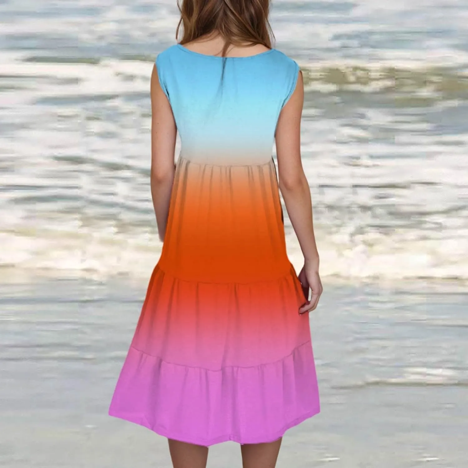 Summer Fashion Dress for Women Comfy Gradient Color Elegant Skirts Pleated Sleeveless Round Neck Dresses Daily