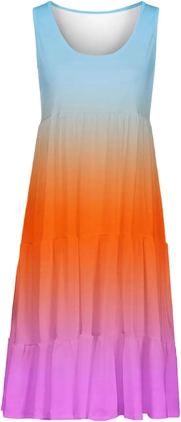 Summer Fashion Dress for Women Comfy Gradient Color Elegant Skirts Pleated Sleeveless Round Neck Dresses Daily