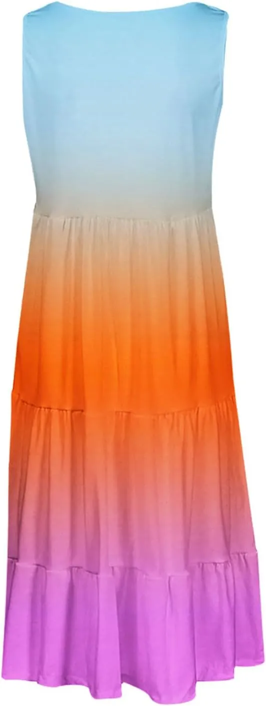 Summer Fashion Dress for Women Comfy Gradient Color Elegant Skirts Pleated Sleeveless Round Neck Dresses Daily