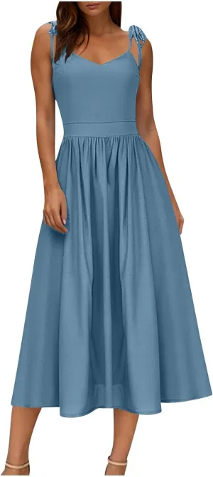 Summer Midi Skirt for Womens Straps Sleeveless V Neck Dress Pleated Ruffle Hem A Line Dresses Beach Party Cocktail
