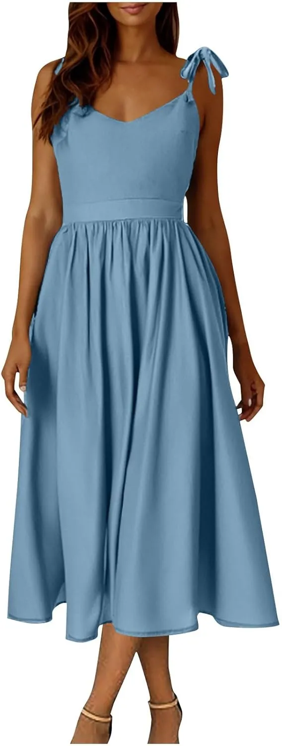 Summer Midi Skirt for Womens Straps Sleeveless V Neck Dress Pleated Ruffle Hem A Line Dresses Beach Party Cocktail