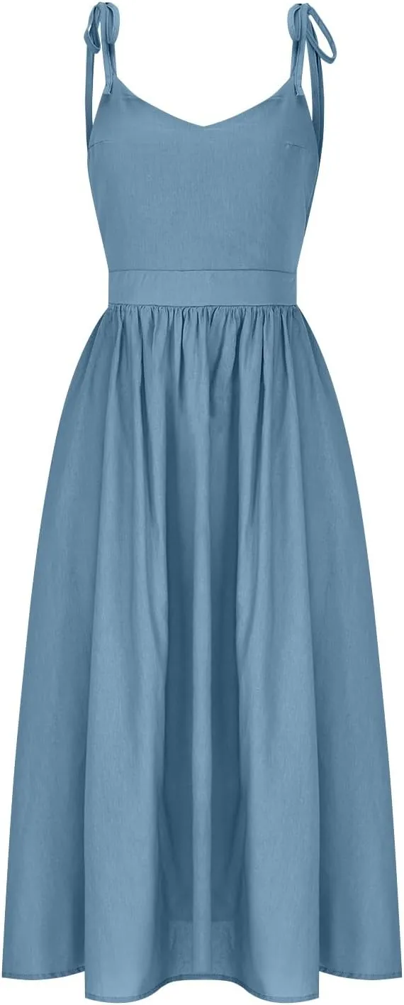 Summer Midi Skirt for Womens Straps Sleeveless V Neck Dress Pleated Ruffle Hem A Line Dresses Beach Party Cocktail