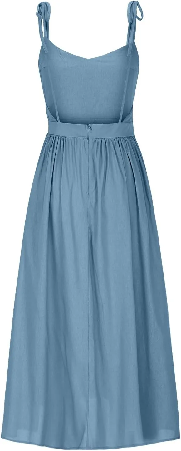 Summer Midi Skirt for Womens Straps Sleeveless V Neck Dress Pleated Ruffle Hem A Line Dresses Beach Party Cocktail