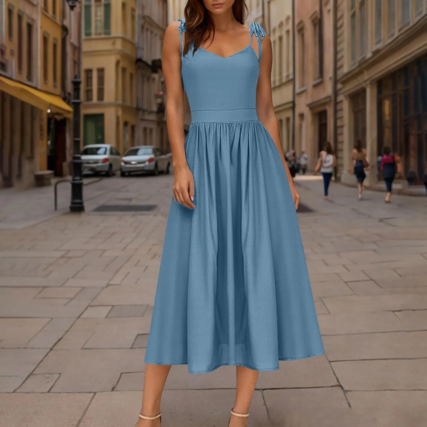 Summer Midi Skirt for Womens Straps Sleeveless V Neck Dress Pleated Ruffle Hem A Line Dresses Beach Party Cocktail