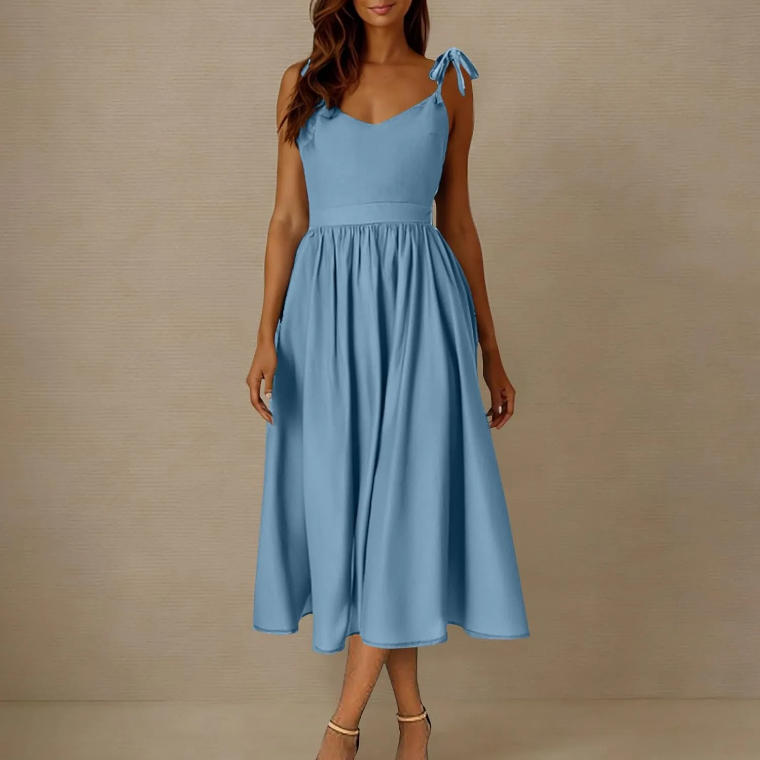 Summer Midi Skirt for Womens Straps Sleeveless V Neck Dress Pleated Ruffle Hem A Line Dresses Beach Party Cocktail
