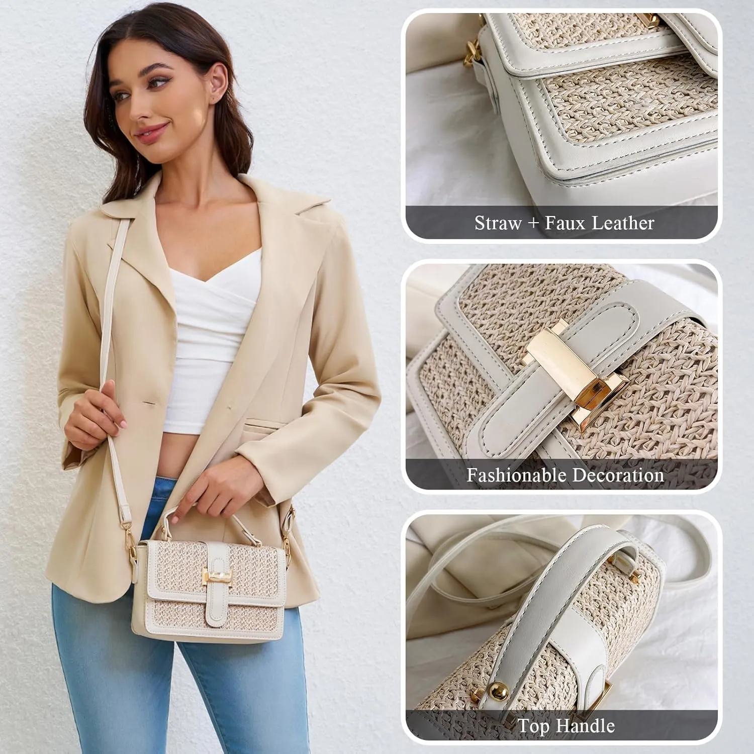 Summer Straw Crossbody Bags for Women Trendy Woven Beach Bag Straw Clutch Purse Vacation Handbags
