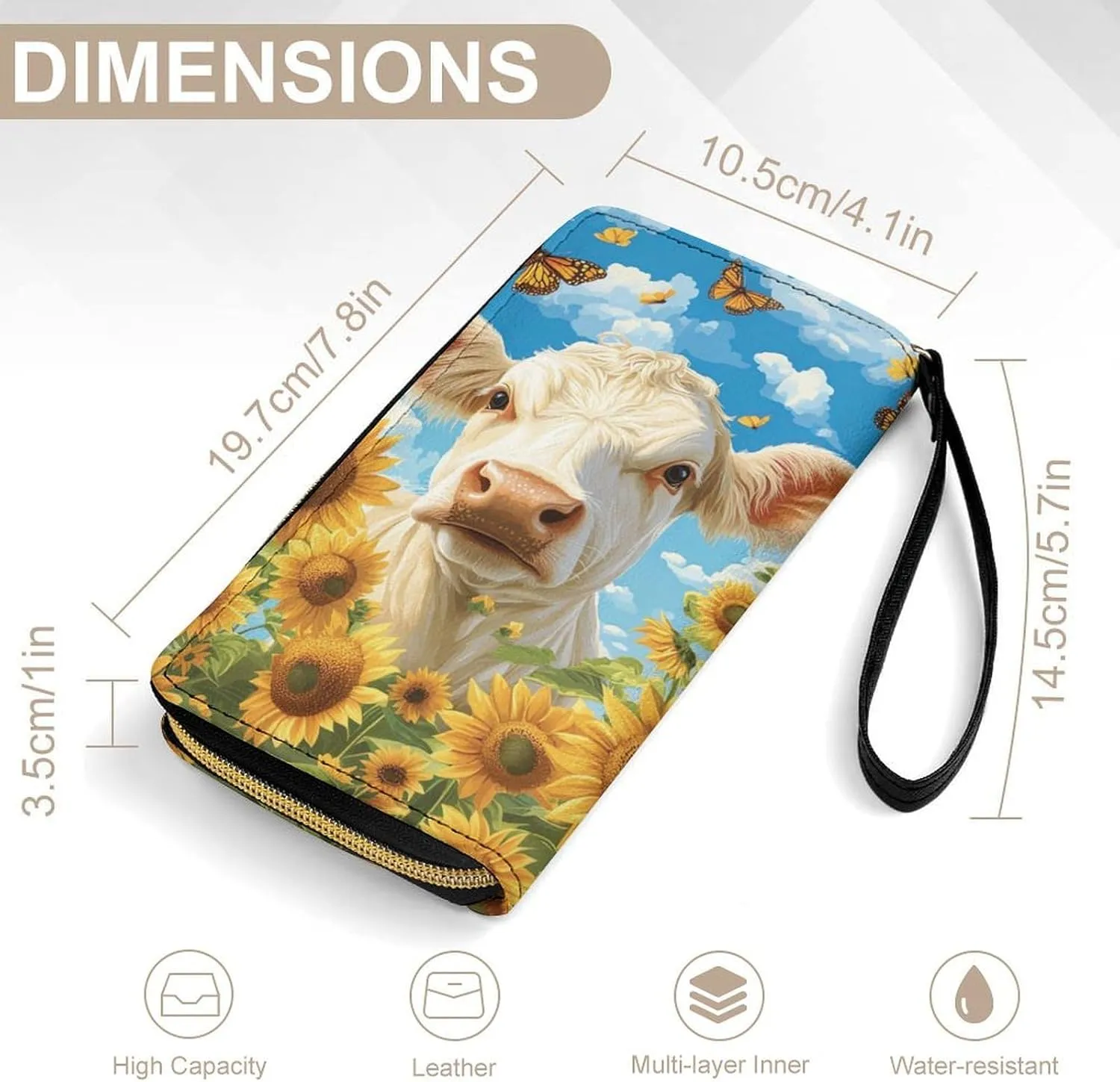 Sunflower Cow Wallet for Women Clutch Purses Western Wristlet Wallets Ladies Long Wallets Butterfly Phone Purse Travel Money Bag Cash Storage Card Holder Coin Pocket