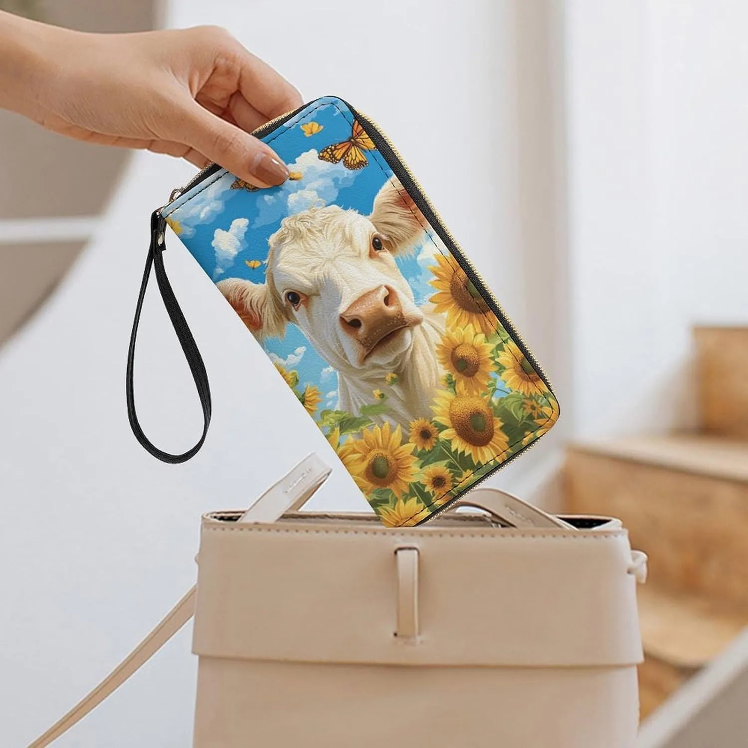 Sunflower Cow Wallet for Women Clutch Purses Western Wristlet Wallets Ladies Long Wallets Butterfly Phone Purse Travel Money Bag Cash Storage Card Holder Coin Pocket