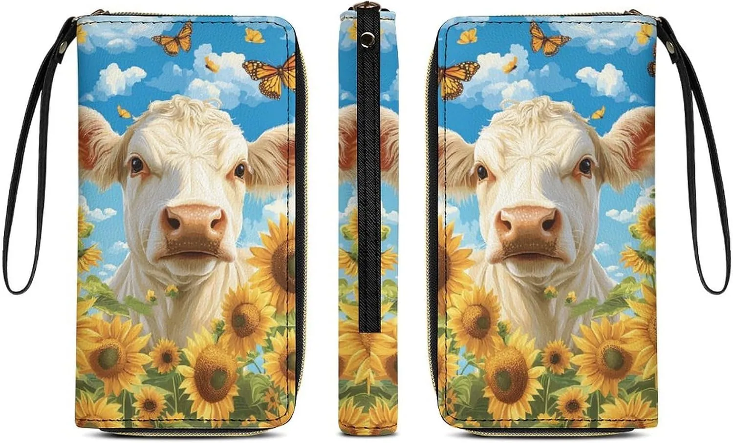 Sunflower Cow Wallet for Women Clutch Purses Western Wristlet Wallets Ladies Long Wallets Butterfly Phone Purse Travel Money Bag Cash Storage Card Holder Coin Pocket