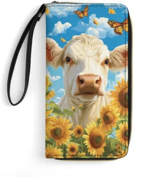 Sunflower Cow Wallet for Women Clutch Purses Western Wristlet Wallets Ladies Long Wallets Butterfly Phone Purse Travel Money Bag Cash Storage Card Holder Coin Pocket