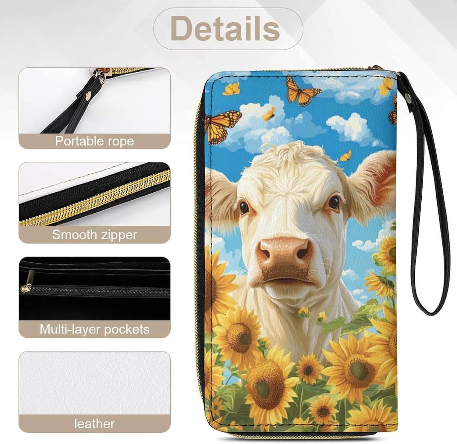 Sunflower Cow Wallet for Women Clutch Purses Western Wristlet Wallets Ladies Long Wallets Butterfly Phone Purse Travel Money Bag Cash Storage Card Holder Coin Pocket