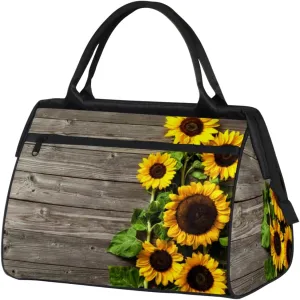 Sunflower Wooden Travel Duffel Bag Sports Travel Duffel Bag Waterproof Durable Large Gym Tote Bag Weekender Overnight Bag for Women Travel Gym Yoga