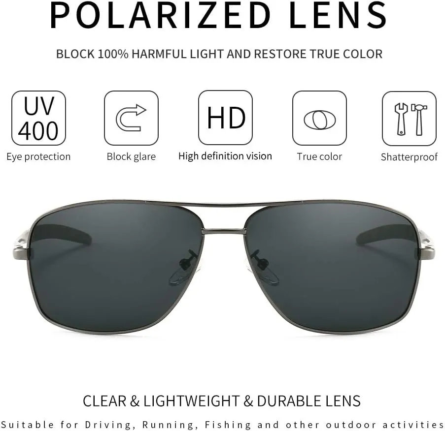 SUNGAIT Men's Polarized Square Aviator Sunglasses Durable Metal Frame for Fishing Driving Golf 100% UV Protection