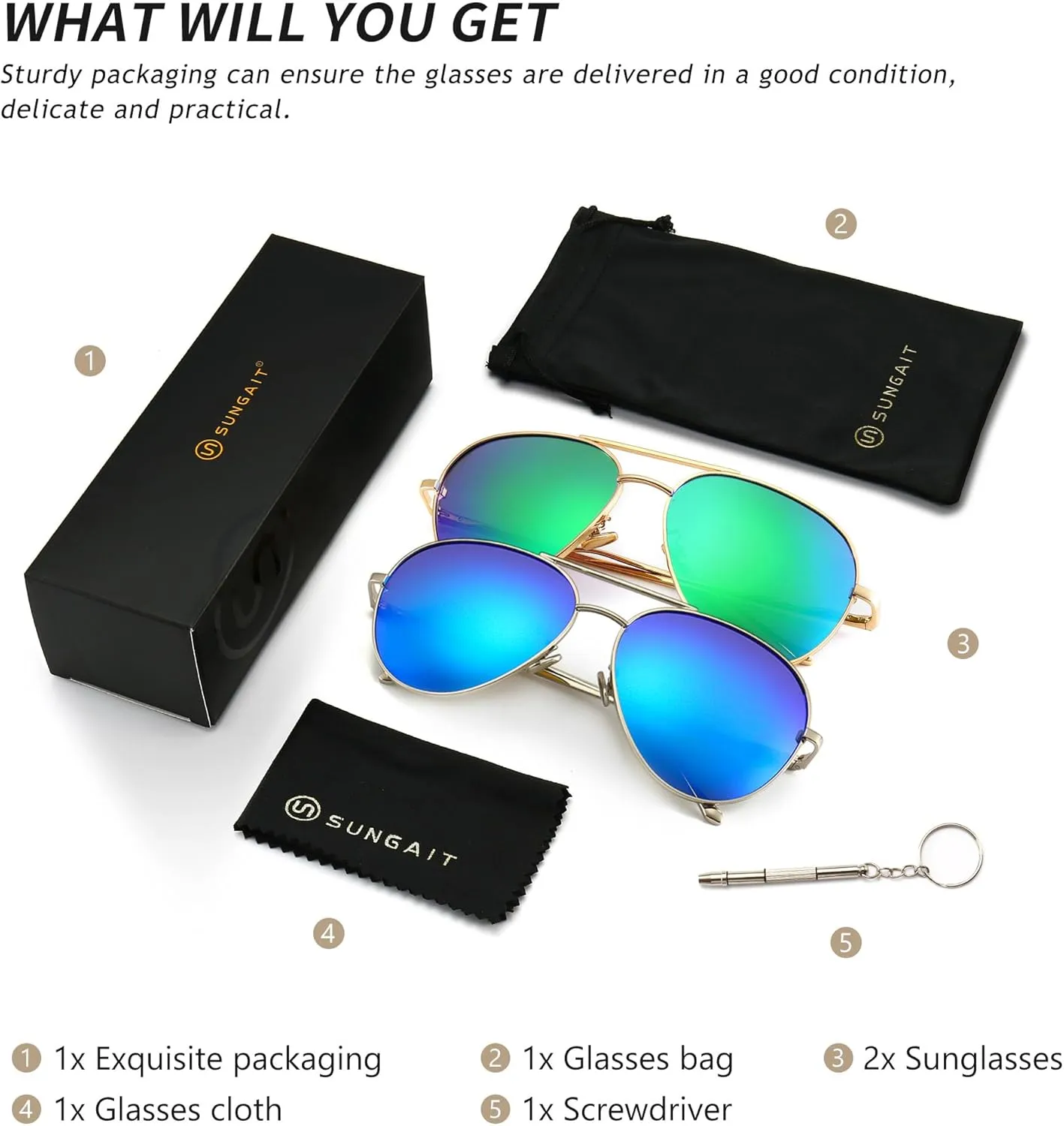 SUNGAIT Women's Lightweight Oversized Aviator Sunglasses - Mirrored Polarized Lens