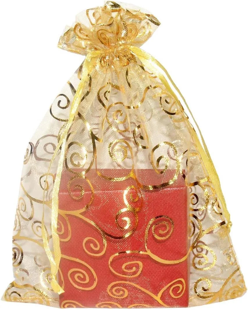 SUNGULF 100pcs Organza Pouch Bag Drawstring 6"x8" Strong Gift Candy Bag Jewelry Party Wedding Favor (Gold flower vine Print)