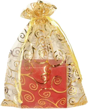 SUNGULF 100pcs Organza Pouch Bag Drawstring 6"x8" Strong Gift Candy Bag Jewelry Party Wedding Favor (Gold flower vine Print)