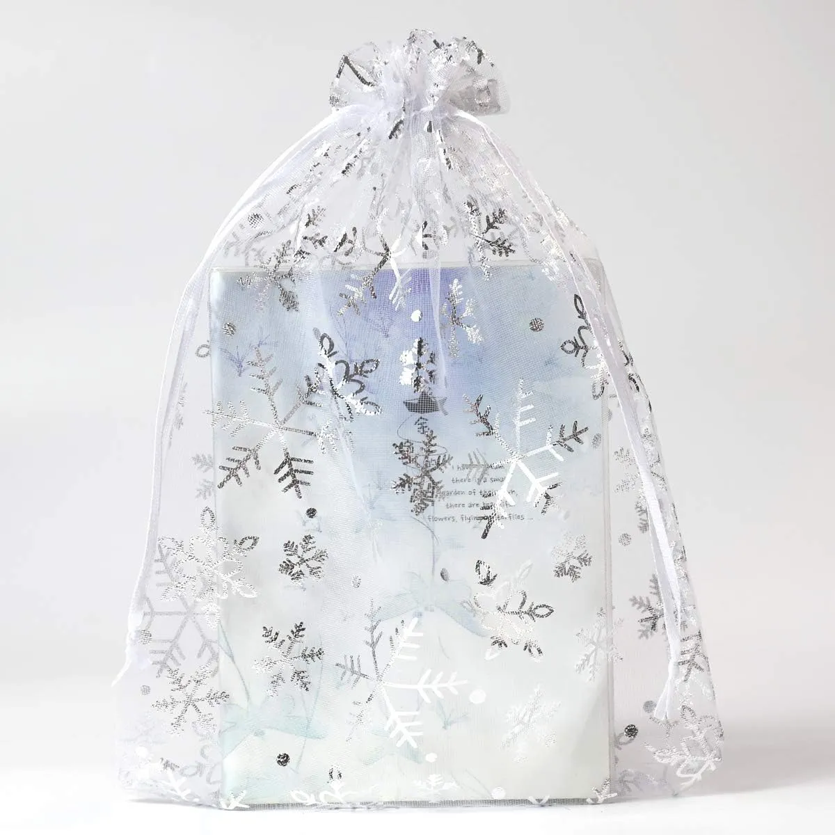 SUNGULF 100pcs Organza Pouch Bag Drawstring 6"x9" 16x22cm Strong Gift Candy Bag Jewelry Party Wedding Favor (White Snowflake)