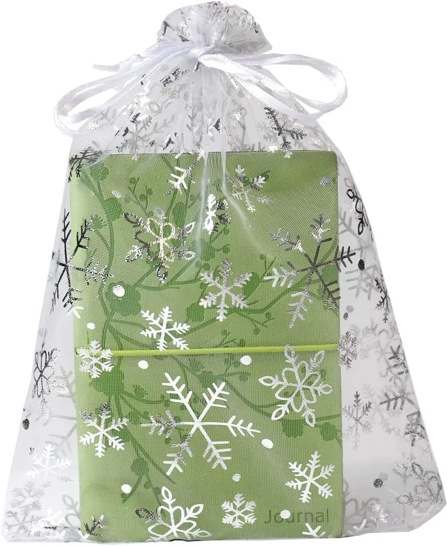 SUNGULF 100pcs Organza Pouch Bag Drawstring 6"x9" 16x22cm Strong Gift Candy Bag Jewelry Party Wedding Favor (White Snowflake)