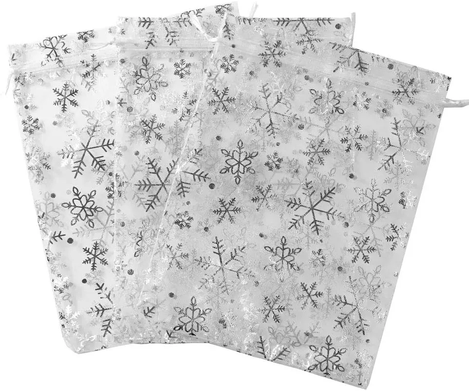 SUNGULF 100pcs Organza Pouch Bag Drawstring 6"x9" 16x22cm Strong Gift Candy Bag Jewelry Party Wedding Favor (White Snowflake)