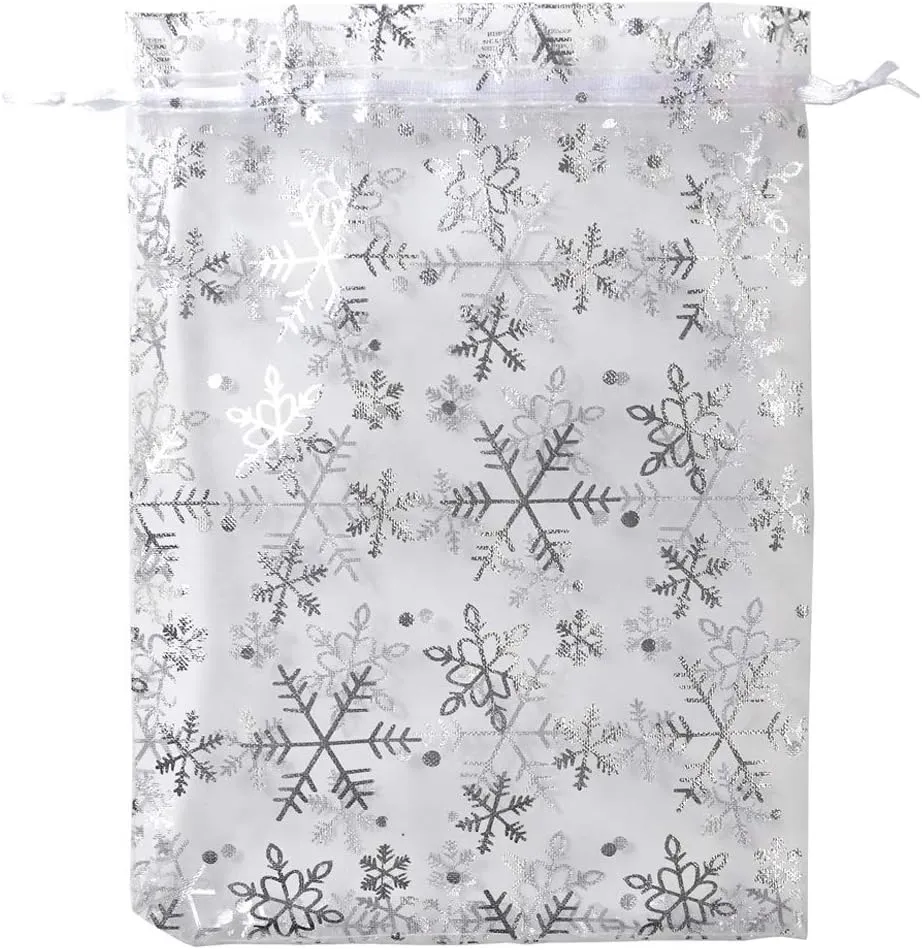SUNGULF 100pcs Organza Pouch Bag Drawstring 6"x9" 16x22cm Strong Gift Candy Bag Jewelry Party Wedding Favor (White Snowflake)