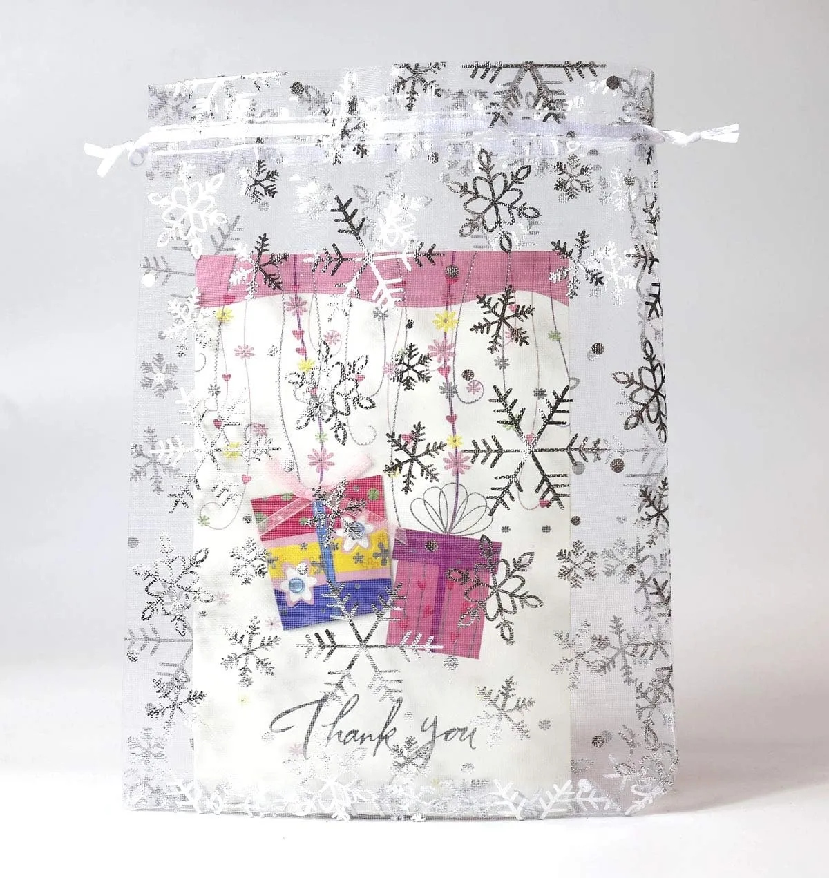SUNGULF 100pcs Organza Pouch Bag Drawstring 6"x9" 16x22cm Strong Gift Candy Bag Jewelry Party Wedding Favor (White Snowflake)