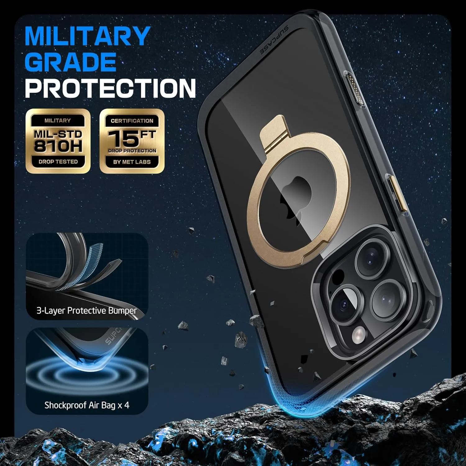 SUPCASE for iPhone 16 Pro Max Case with Camera Control Capture Button (Unicorn Beetle Mag), [Built-in Stand] [Compatible with MagSafe] [Military-Grade Protection] Clear Magnetic Phone Case, Black/Gold