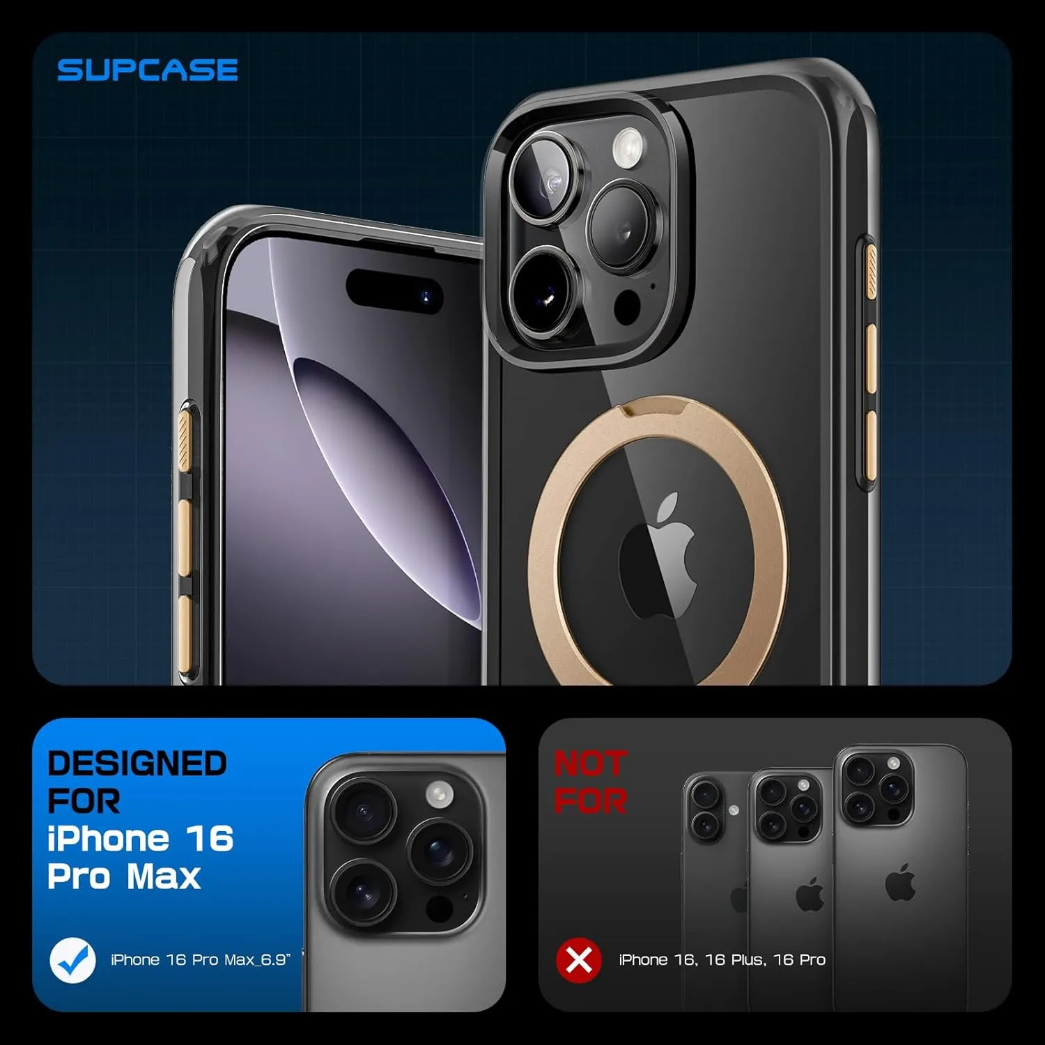 SUPCASE for iPhone 16 Pro Max Case with Camera Control Capture Button (Unicorn Beetle Mag), [Built-in Stand] [Compatible with MagSafe] [Military-Grade Protection] Clear Magnetic Phone Case, Black/Gold
