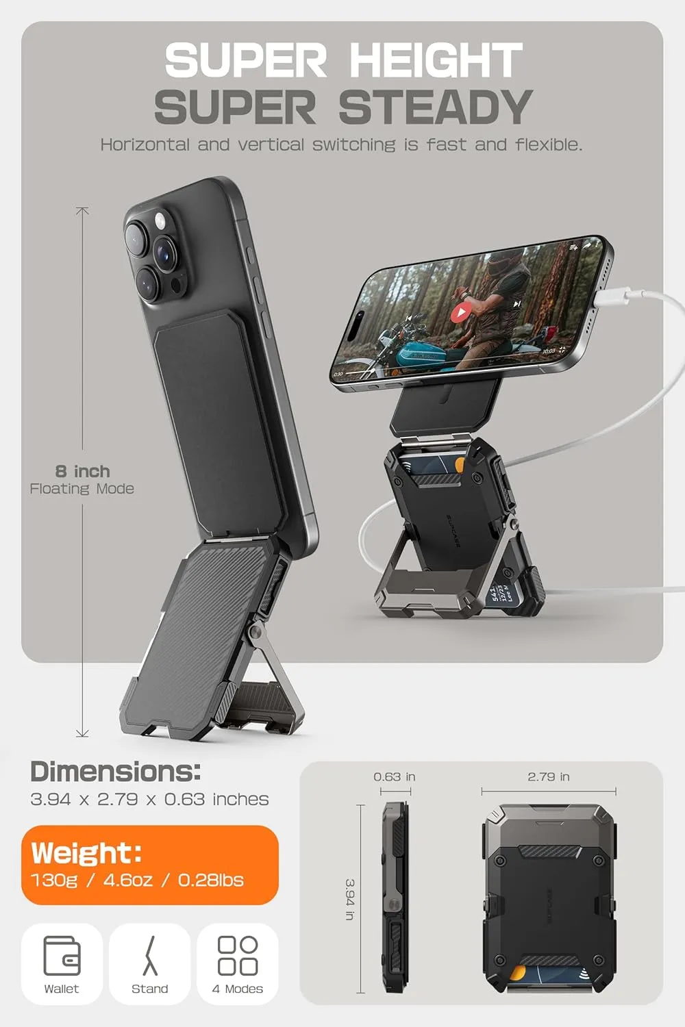 SUPCASE for MagSafe Wallet with Stand, Magnetic Wallet for Men, [Hold 5 Cards] [Adjustable Stand] [RFID Blocking] Phone Stand Credit Card Holder Tripod for iPhone 16/15/14/13/12 Series, Black